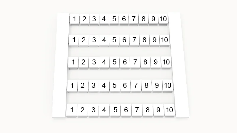 Марк. кассета DEK5-50P-19-01Z(H) - Маркировочные шильдики для клемм WS…, сечением 2,5 мм кв., боковая, 50 шильдиков, нанесенные символы: 1-10, по 5 полосок, с вертикальным расположением, размер шильдика: 4,8х5,5 мм, цвет белый
