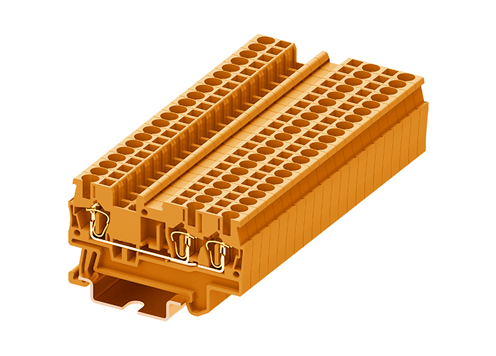 Проходная клемма TC2.5-3-OG - Проходная клемма, 3 точки подключения, пружинный, номинальное сечение: 2,5 мм кв., 24A, 500V, ширина: 5,2 мм, цвет: оранжевый, тип монтажа: DIN 35