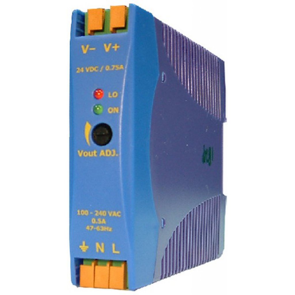 DRA18-24 - Преобразователь AC-DC на DIN-рейку  18Вт, выход 24В/0.75A, рег. вых 21.6…28.8В, вход 90…265V AC, 47…63Гц / 120...370V DC , изоляция 3000V AC, : 115х90х23мм, -20…+71°С, пружинные клеммы