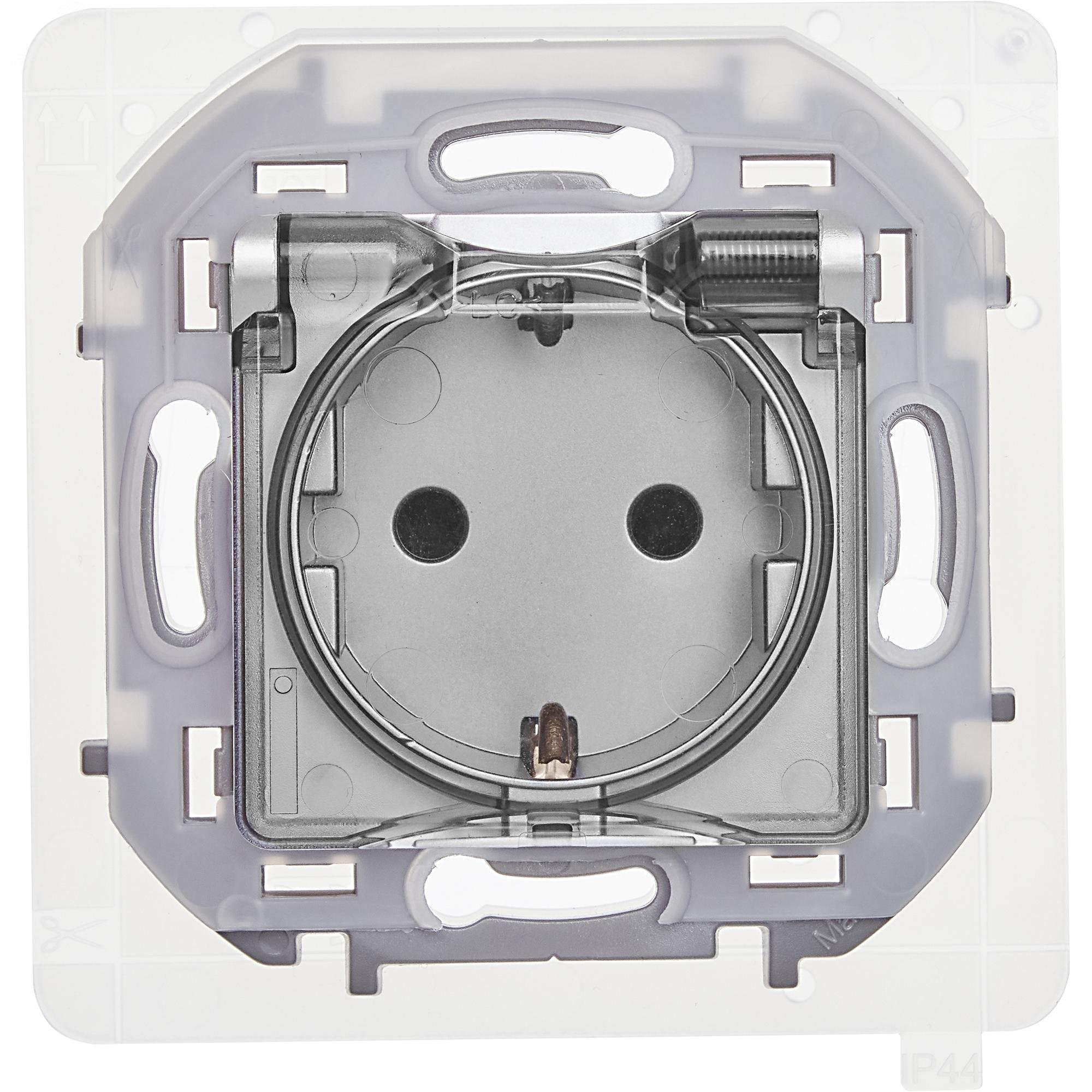 Розетка 1-м СП Inspiria 16А IP44 250В 2P+E защ. шторки с крышкой немецк. стандарт механизм алюм. Leg 673742