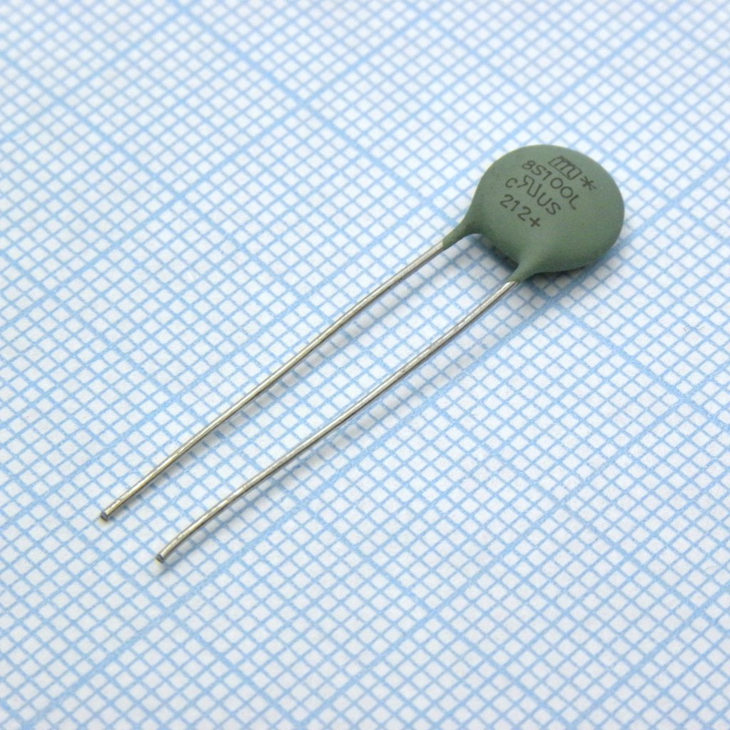 JNR08S100L65YU4 - NTC-терморезистор 10Ом 2Вт 2А 8мм, формованные выводы 24мм , шаг 5мм