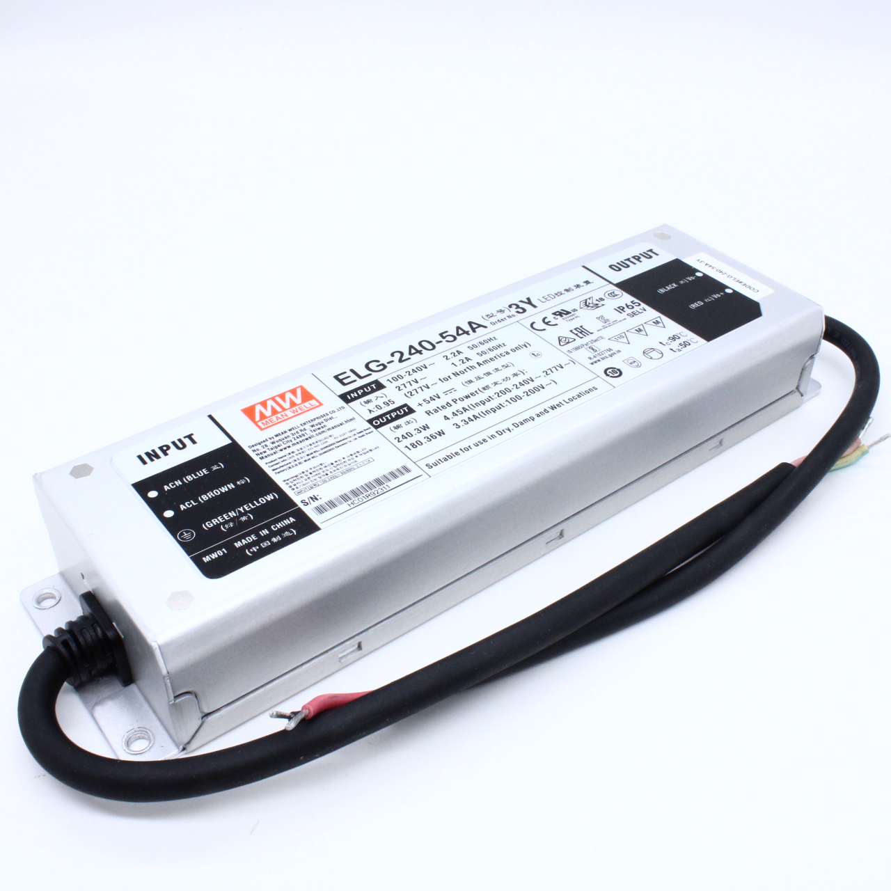 ELG-240-54A-3Y - AC-DC, 240.3Вт, IP65, вход 100…305В AC, 47…63Гц/142…431В DC, ККМ, выход 27...54В/4.45А, изоляция 3750В AC, в кожухе 244х71х37.5мм, -40…+85°С (корпус), потенциометры, провод заземления