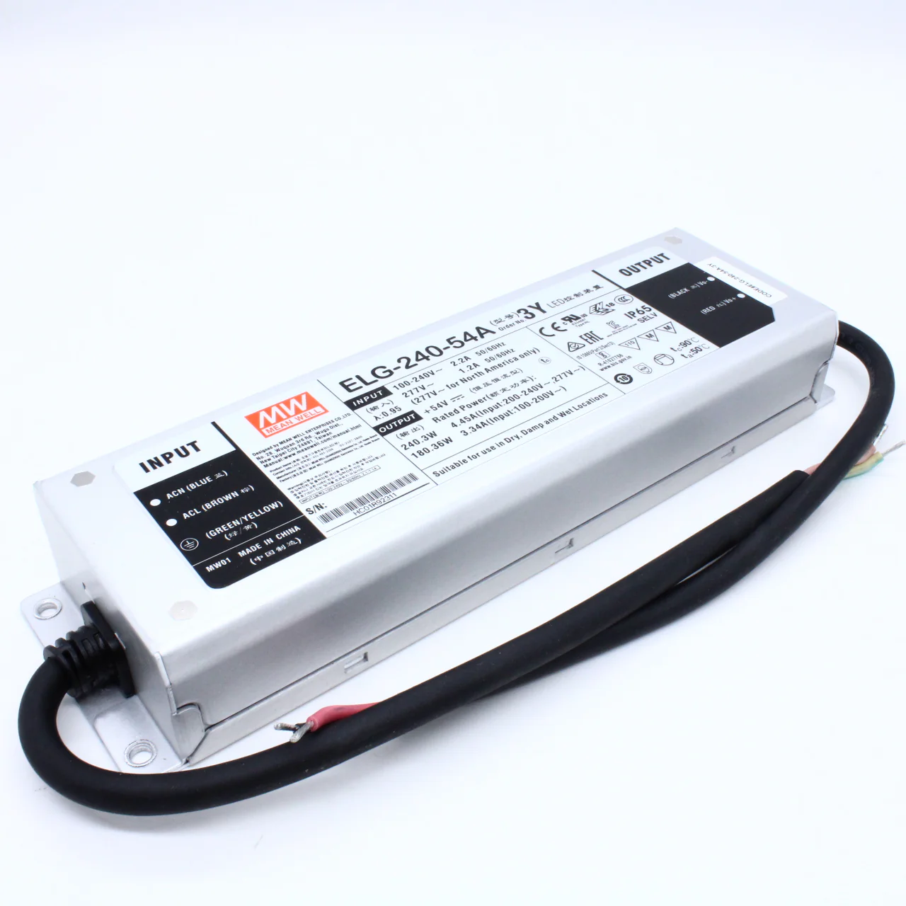 ELG-240-54A-3Y - AC-DC, 240.3Вт, IP65, вход 100…305В AC, 47…63Гц/142…431В DC, ККМ, выход 27...54В/4.45А, изоляция 3750В AC, в кожухе 244х71х37.5мм, -40…+85°С (корпус), потенциометры, провод заземления