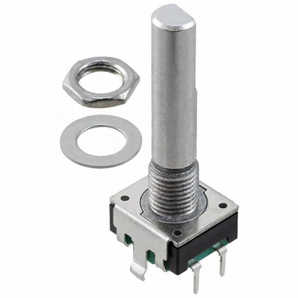PEC11R-4230F-S0024 - Энкодер PEC11, 24 щелчка, 24 импульса, металлический вал с лыской 30мм, с кнопкой, горизонтальные выводы,крепление на гайку 7мм