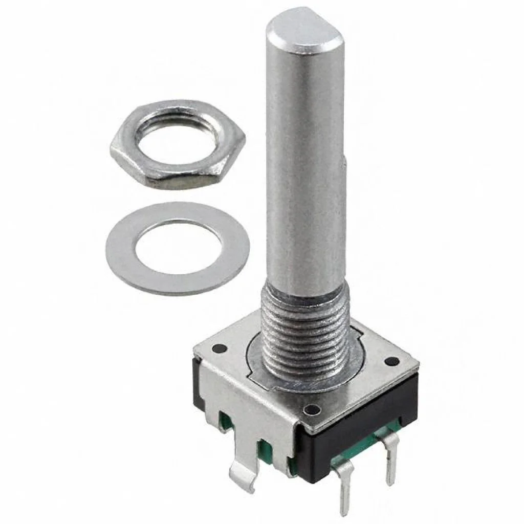 PEC11R-4230F-S0024 - Энкодер PEC11, 24 щелчка, 24 импульса, металлический вал с лыской 30мм, с кнопкой, горизонтальные выводы,крепление на гайку 7мм