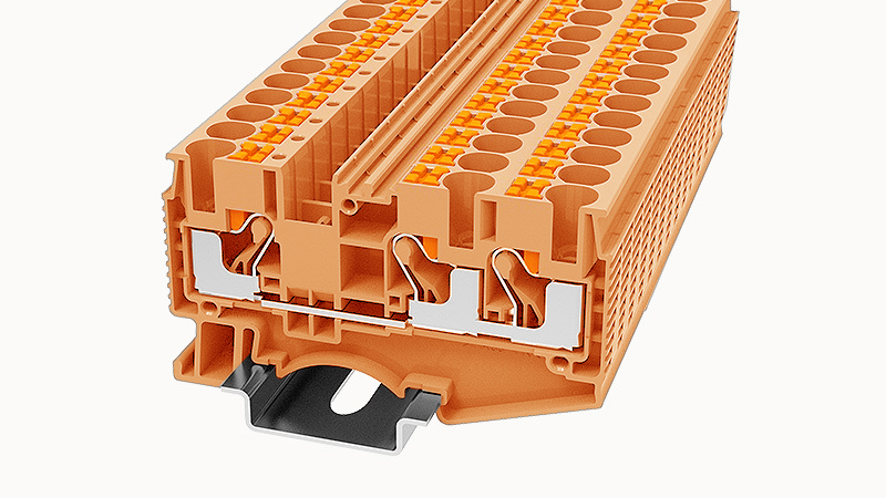 Проходная клемма DS6-TW-01P-15 - Проходная клемма, 3 точки подключения, тип фиксации провода: Push-in, номинальное сечение: 6 мм кв.,  41A, 1000V, ширина: 8,2 мм, цвет: оранжевый, втычная перемычка, тип монтажа:  DIN35