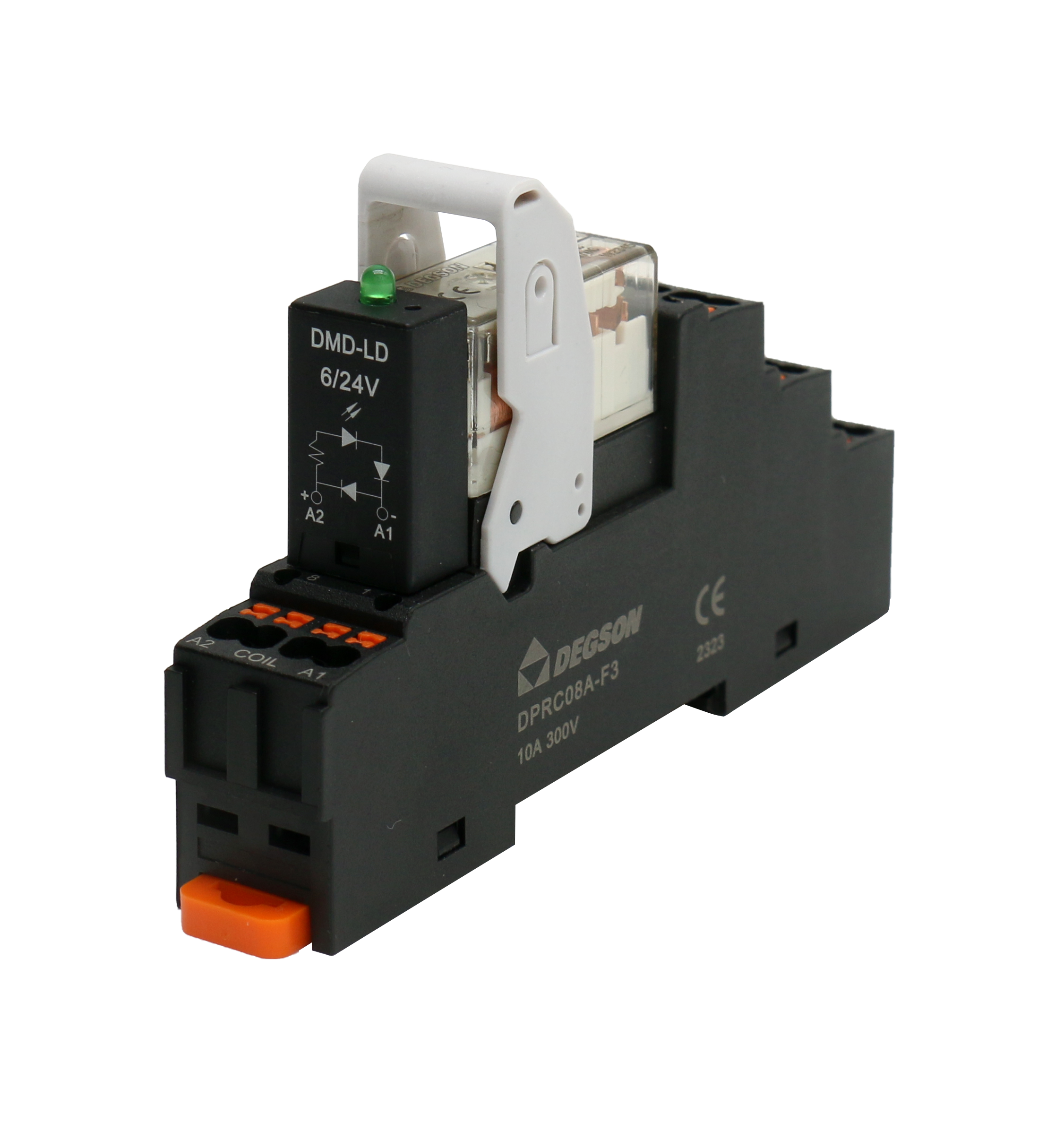 Реле с колодкой DRPBP-2C-LD-D24 - Реле с колодкой, 2 группы переключающих контактов, 24VDC, 10A, в комплекте: реле DRPB-2C-D24-06Z(H), колодка DPRC08A-F3-00Z(H) DMD модуль DMD-LD-6/24V-00Z(H)
