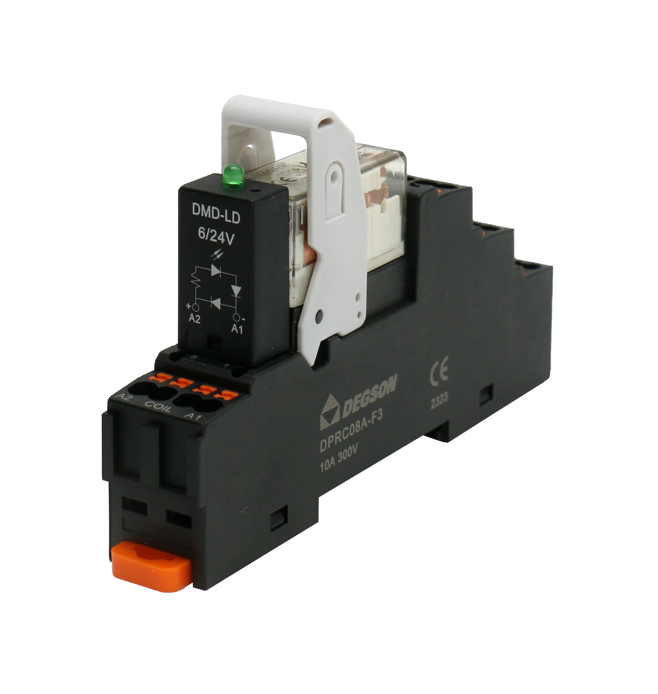 Реле с колодкой DRPBP-2C-LD-D24 - Реле с колодкой, 2 группы переключающих контактов, 24VDC, 10A, в комплекте: реле DRPB-2C-D24-06Z(H), колодка DPRC08A-F3-00Z(H) DMD модуль DMD-LD-6/24V-00Z(H)