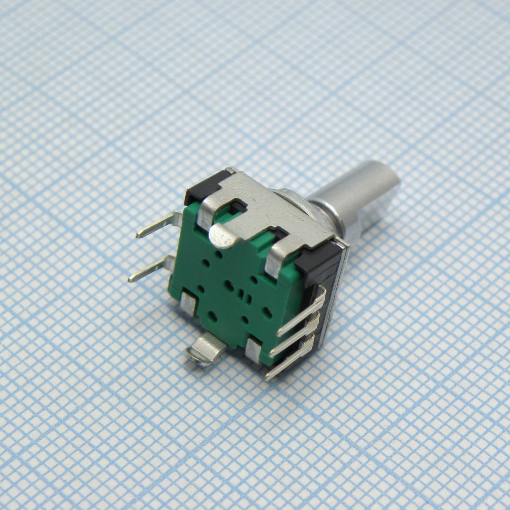 PEC11R-4015F-S0024 - Энкодер PEC11, без щелчков, 24 импульса, металлический вал с лыской 15мм, с кнопкой, горизонтальные выводы,крепление на гайку 7мм