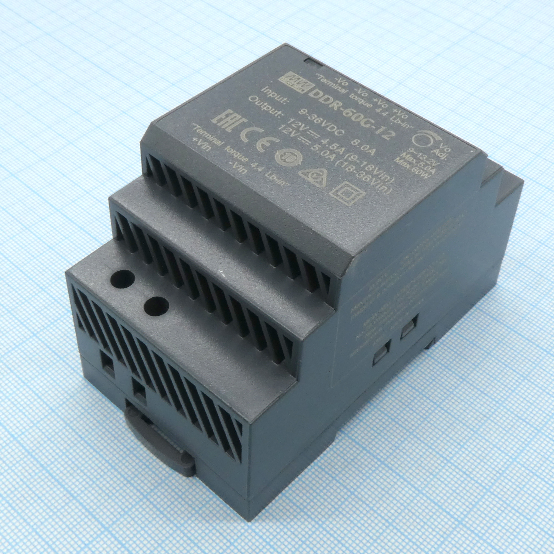 DDR-60G-12 - DC-DC, 60Вт, вход 9…36 В DC, выход 12В/5А, изоляция 4000В DC, в кожухе на DIN-рейку, 52.5х90х54.5мм, -40...+85°С