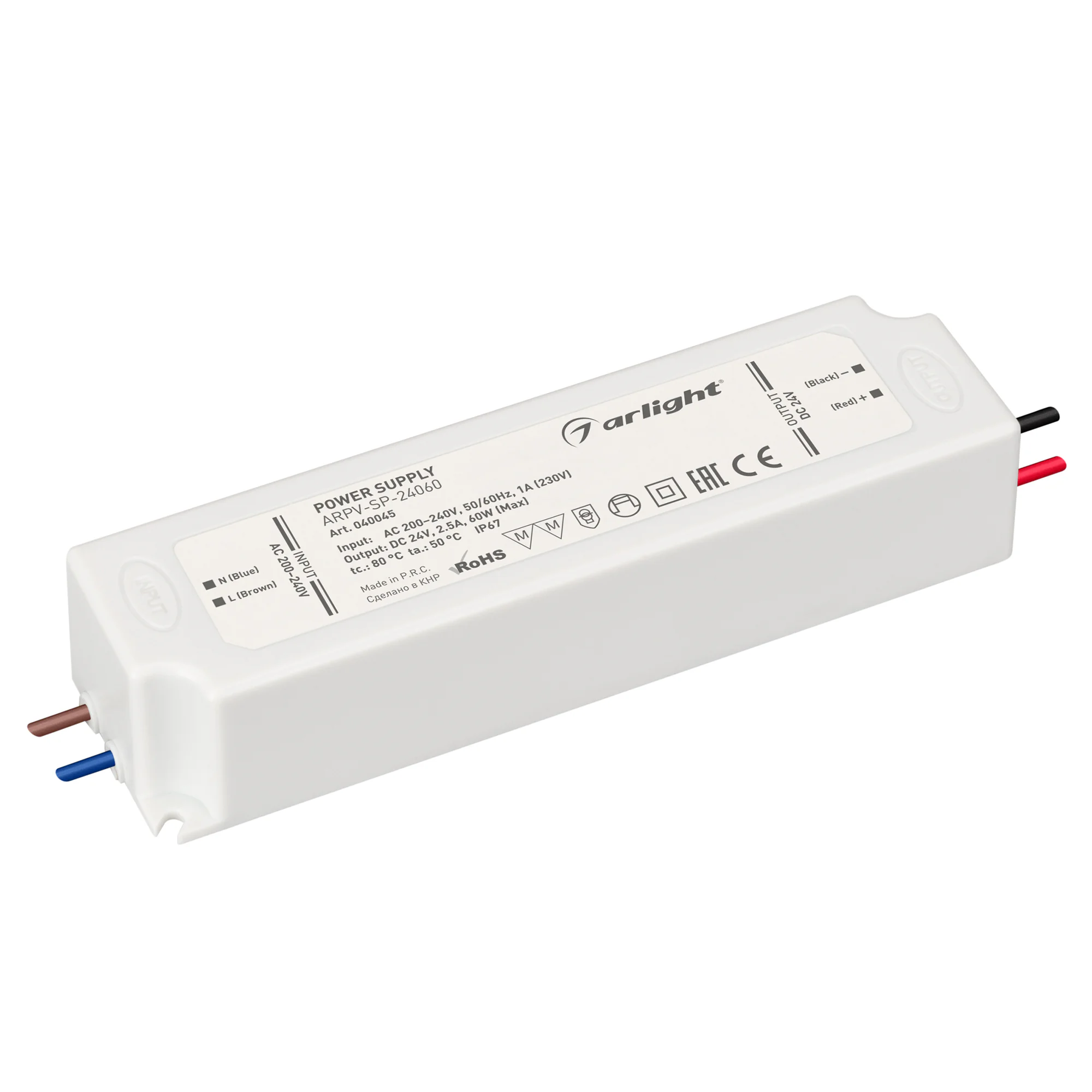 Блок питания ARPV-SP-24060 (24V, 2.5A, 60W) 040045 - Источник напряжения с гальванической развязкой для светодиодных изделий. Входное напряжение 200-240 VAC. Выходные параметры: 24 В, 2,5 А, 60Вт. Встроенный PFC >0.5. Герметичный пластиковый корпус IP 67.