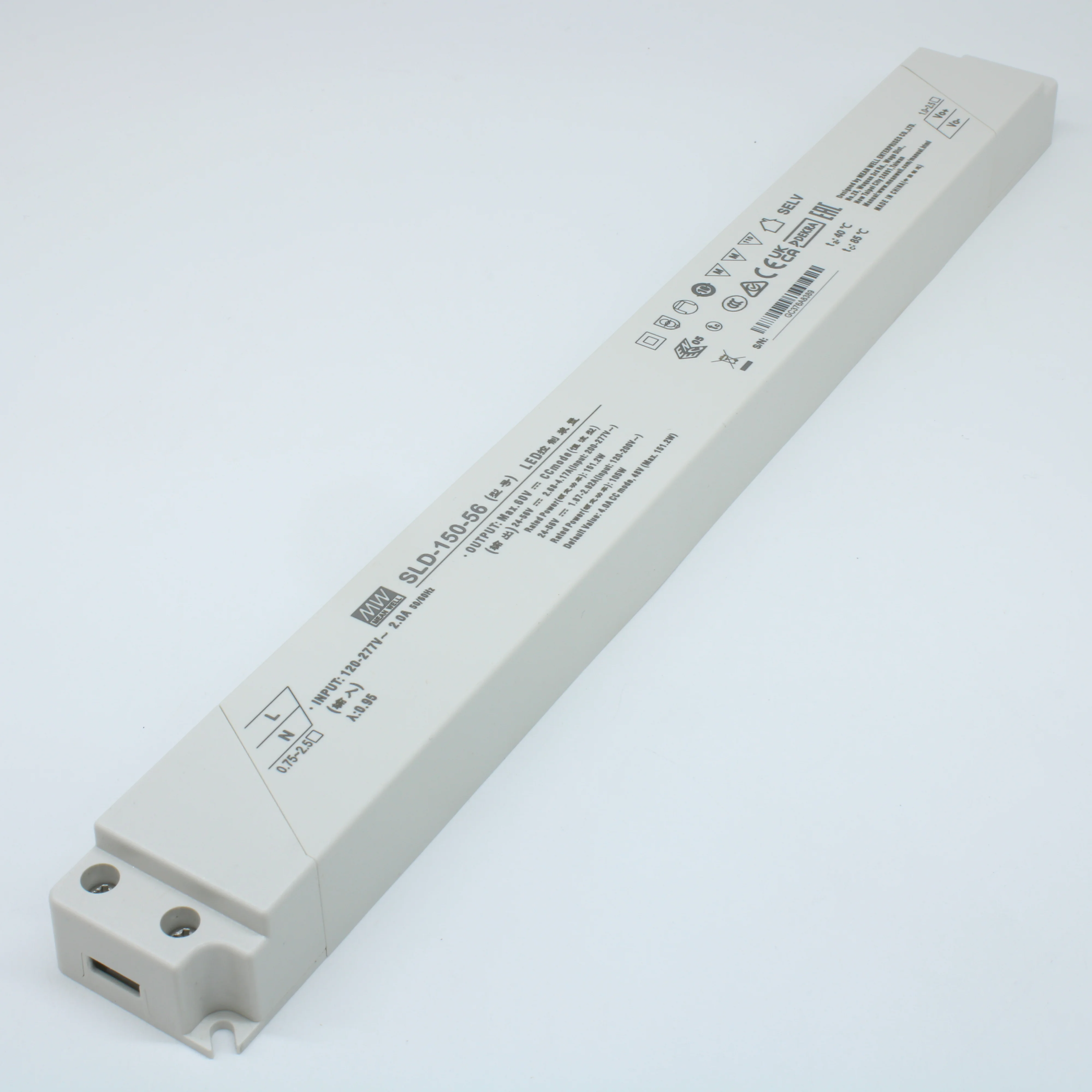 SLD-150-56 - AC-DC, 151.2Вт, вход 120…305В AC, 47…63Гц/170…431В DC, ККМ, выход в режиме пост. мощности 24…56В/2.68…4.17А, изоляция 3750В AC, в кожухе 330х35х22, -40…+80°С (корпус)