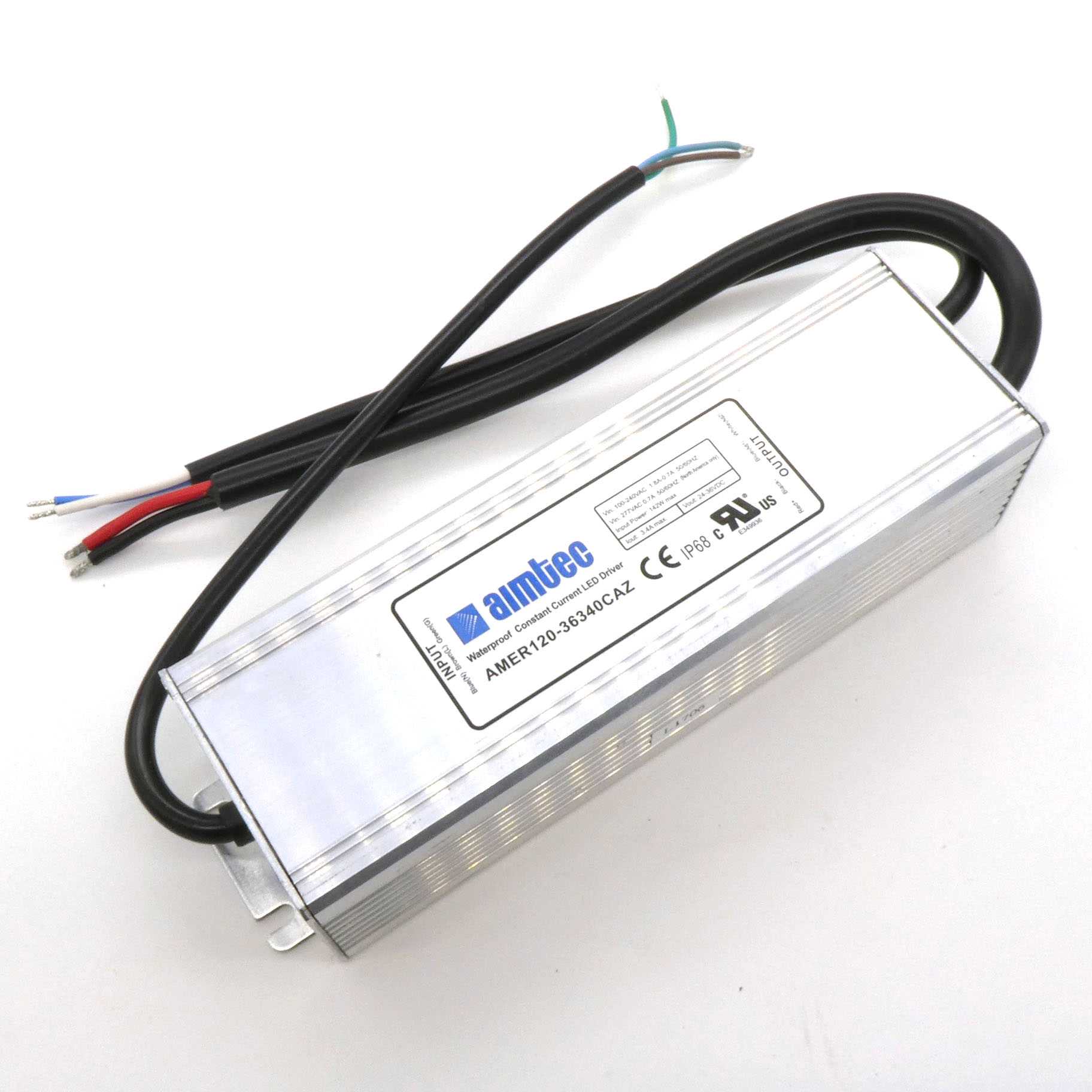 AMER120-36340CAZ - AC-DC led, 122.4 Вт, выход DC 24...36В, Iстаб=3400мА, стаб. тока/стаб.напр., IP68, вход AC 90...305В, DC 120...430В, PFC,  КПД 85%, изоляция 3750В AC, в корпусе, -55...+85°С