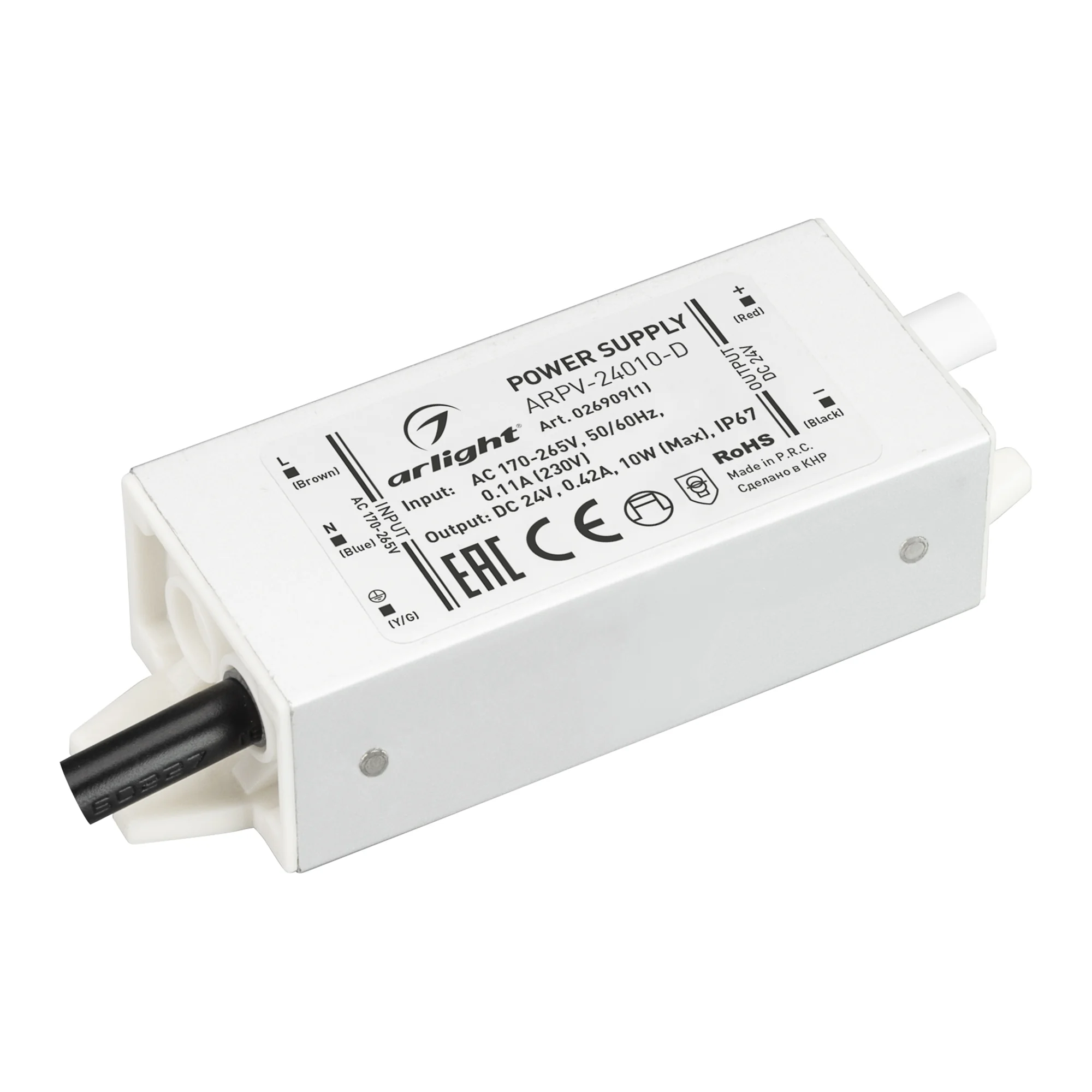 Блок питания ARPV-24010-D (24V, 0.42A, 10W) 026909(1) - Источник напряжения с гальванической развязкой для светодиодных изделий. Входное напряжение 170-265 VAC. Выходные параметры: 24 В, 0,42 А, 10 Вт. Встроенный PFC >0,5. Герметичный алюминиевый корпус I