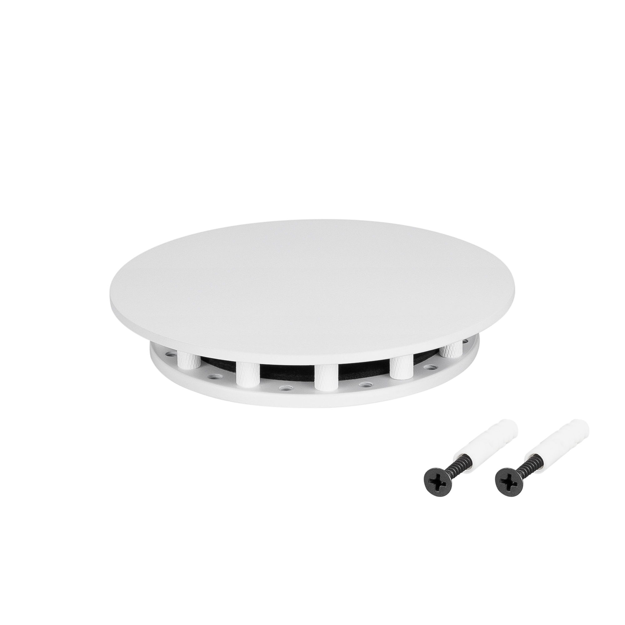 Крепление MOONLIGHT-BASE-ROUND-D13-S White 046036 - Крепление герметичной ленты MOONLIGHT D13. Материал сталь, цвет белый. Размер крышки S (115х115 мм). Подходит для плоских поверхностей. Габариты держателя в сборке 115x115x22 мм. Диаметр основания 90 мм.