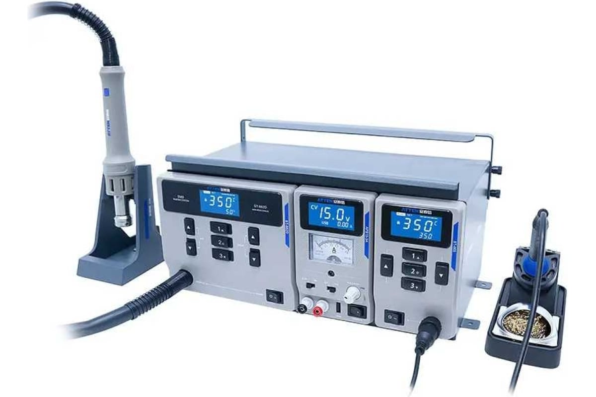 MS-300 - Паяльно-ремонтный комплекс 3 в 1, термофен ST-862D, паяльная станция ST-965 65Вт, блок питания APS15-3A, 2 подставки, все объеденено в один блок