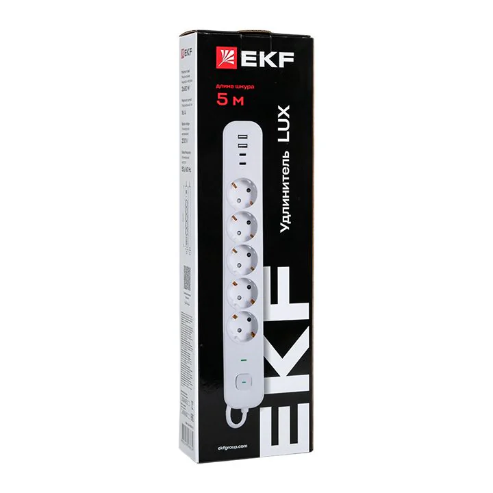 Удлинитель LUX 5 гнезд 2USB 2,4А+2type-C 5 метров 1,5мм2 EKF