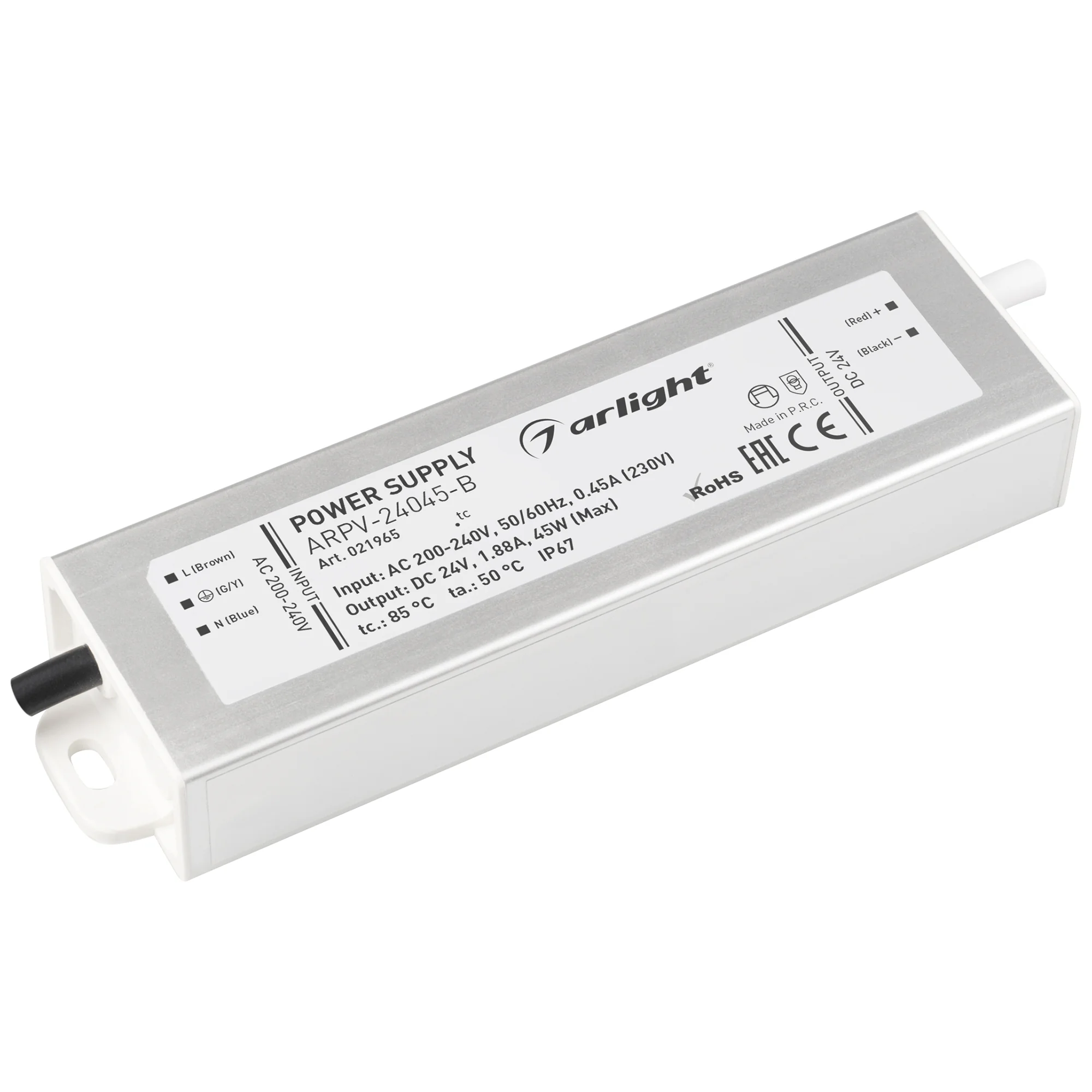 Блок питания ARPV-24045-B (24V, 1.9A, 45W) 021965 - Источник напряжения с гальванической развязкой для светодиодных изделий. Входное напряжение 200-240 VAC. Выходные параметры: 24 В, 1,88 А, 45 Вт. Встроенный PFC >0,5. Герметичный алюминиевый корпус IP 67