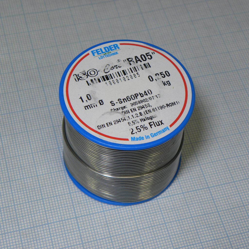 Припой Sn60Pb40 RA05  1.0мм 250гр - Припой трубчатый оловянно-свинцовый ПОС61, 2.5% флюс RA05 активный с низким содержанием галогенов (ROM1)