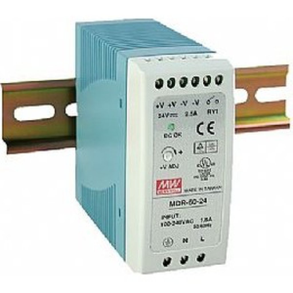 MDR-60-24 - Преобразователь AC-DC на DIN-рейку  60Вт, выход 24В/0…2,5A, рег. вых 24…30В, вход 85…264V AC, 47…63Гц /120…370В DC, изоляция 3000В AC, в кожухе  40х90х100мм, -20…+70°С