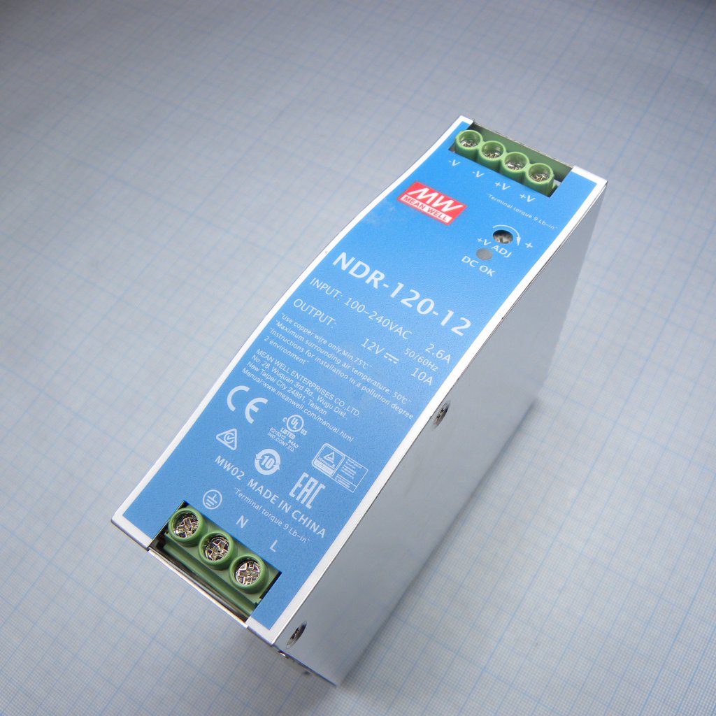 NDR-120-12 - Преобразователь AC-DC на DIN-рейку  120Вт, выход 12В/10A, рег. вых 12...14В, вход 90…264V AC, 47…63Гц /127…370В DC, изоляция 3000В AC, в кожухе  40х125.2х102мм, -20…+70°С