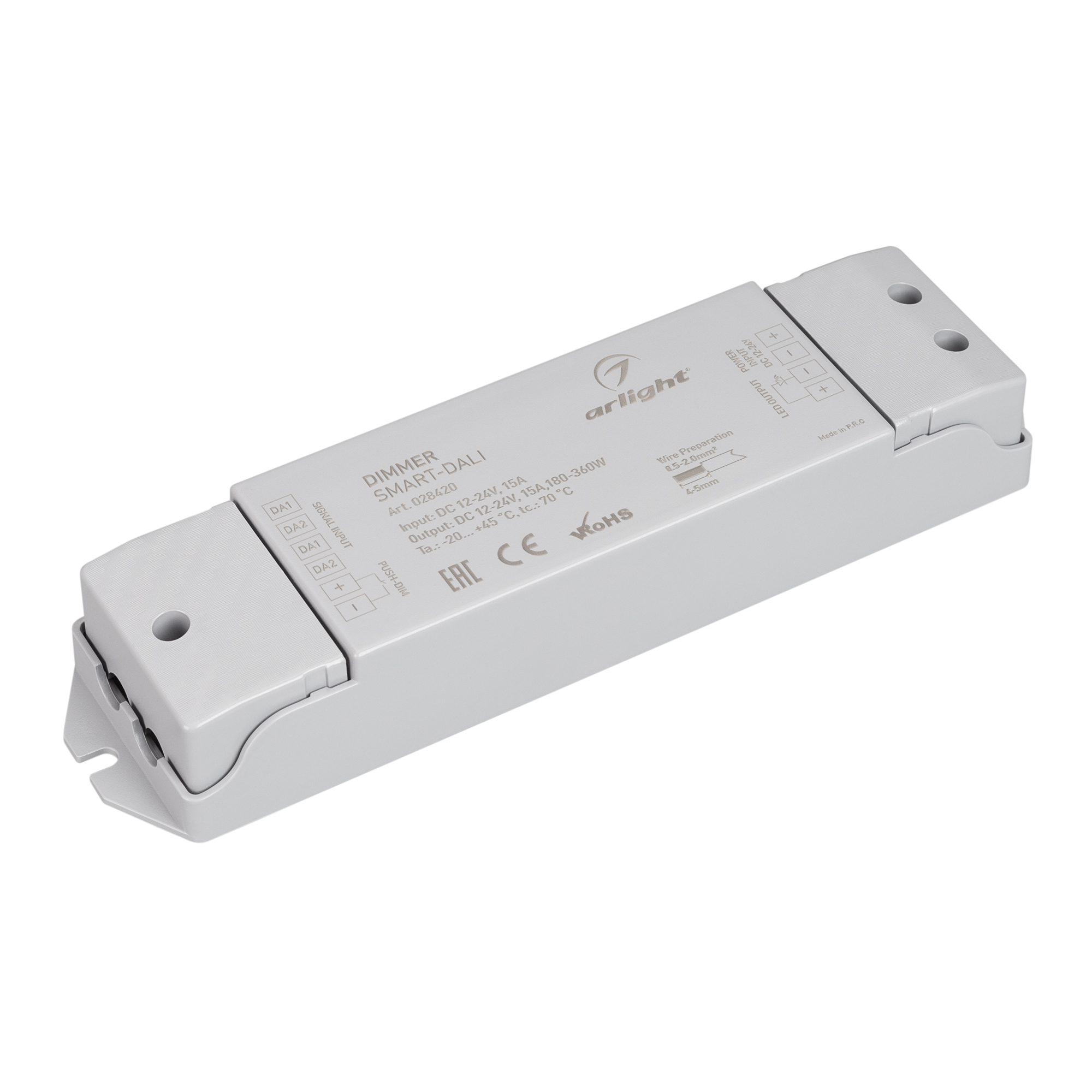 Диммер SMART-DALI (12-24V, 1x15A) 028420 - Диммер DALI для одноцветных светодиодных лент. 1 адрес устройства, 1 канал управления. Питание/выход DC 12-24V, ток нагрузки 1x15A, максимальная суммарная мощность нагрузки 180-360W. Размер 175х45х27 мм.