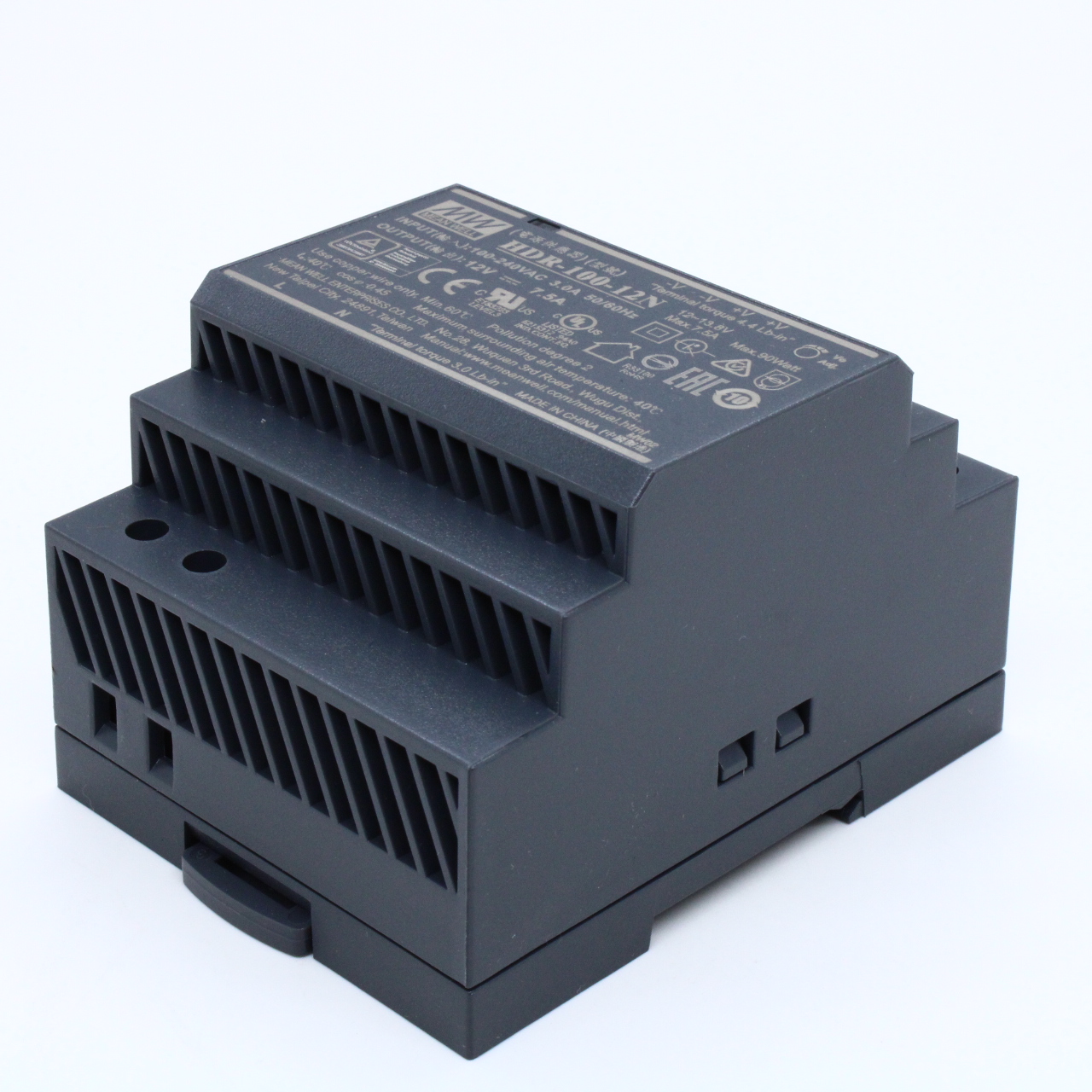 HDR-100-12N - AC-DC, 90Вт, вход 85...264 В AC 47...63Гц/120...370В DC, выход 12В/7.5А, рег. выхода 12…13.8В, изоляция 3000В AC, в кожухе на DIN-рейку, 70х90х54.5мм, -30...+70°С, расширенный диапазон регулировки Uвых