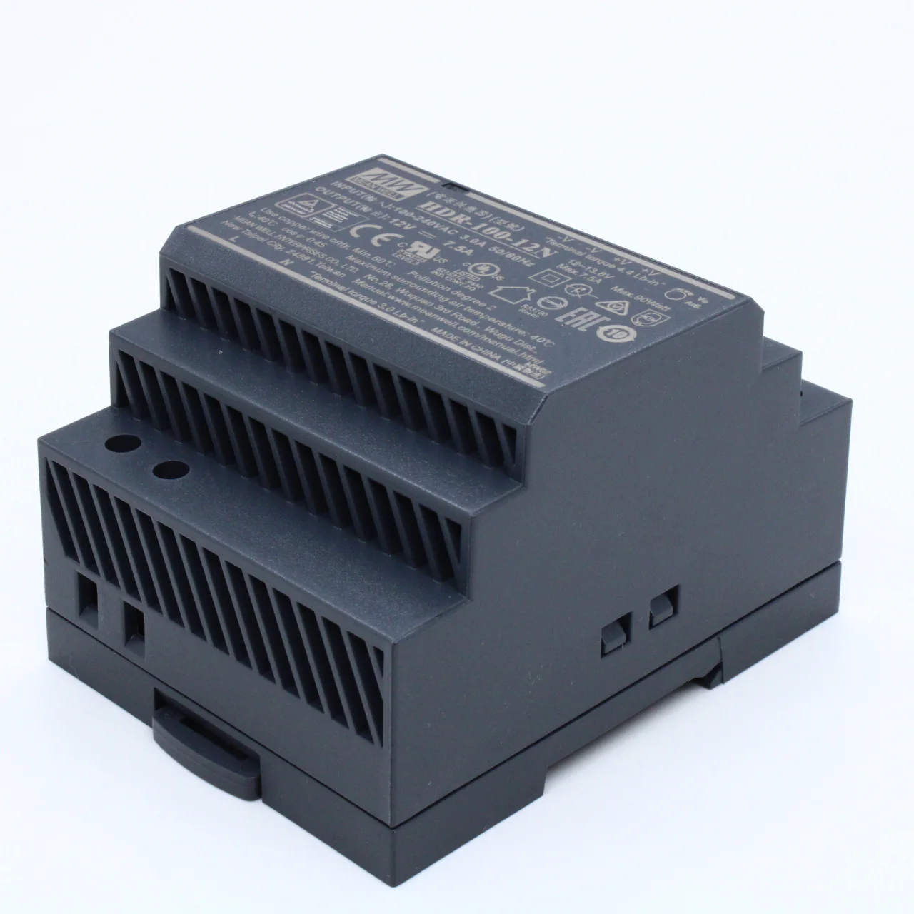 HDR-100-12N - AC-DC, 90Вт, вход 85...264 В AC 47...63Гц/120...370В DC, выход 12В/7.5А, рег. выхода 12…13.8В, изоляция 3000В AC, в кожухе на DIN-рейку, 70х90х54.5мм, -30...+70°С, расширенный диапазон регулировки Uвых