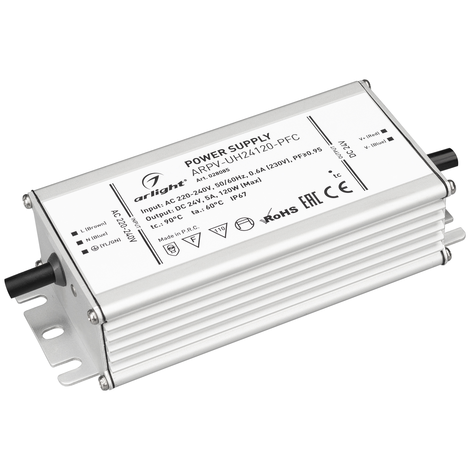 Блок питания ARPV-UH24120-PFC (24V, 5.0A, 120W) 028085 - Источник напряжения с гальванической развязкой для светодиодных изделий. Входное напряжение 220-240 VAC. Выходные параметры: 24 В, 5 А, 120 Вт. Встроенный PFC >0.95. Герметичный алюминиевый корпус I