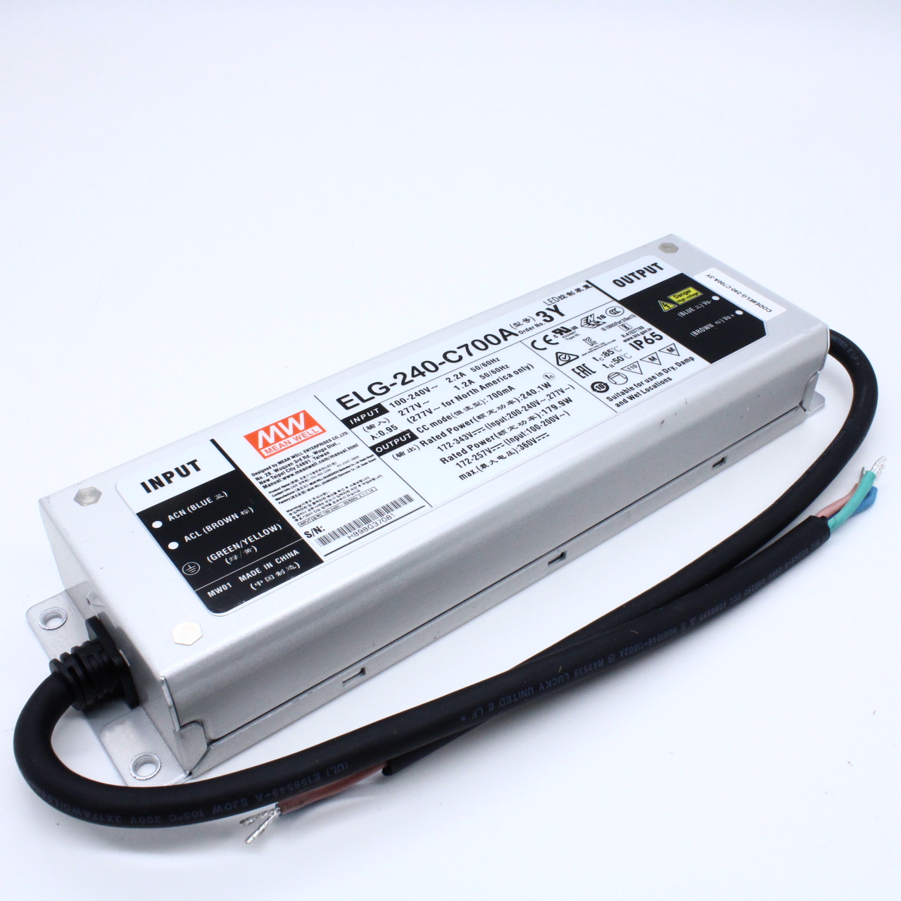 ELG-240-C700A-3Y - AC-DC, 240.1Вт, IP65, вход 100…305В AC, 47…63Гц/142…431В DC, ККМ, выход 172…343В/700мА, рег. напряжения/тока, изоляция 3750В AC, в кожухе 244х71х37.5, -40…+70°С, с проводом заземления