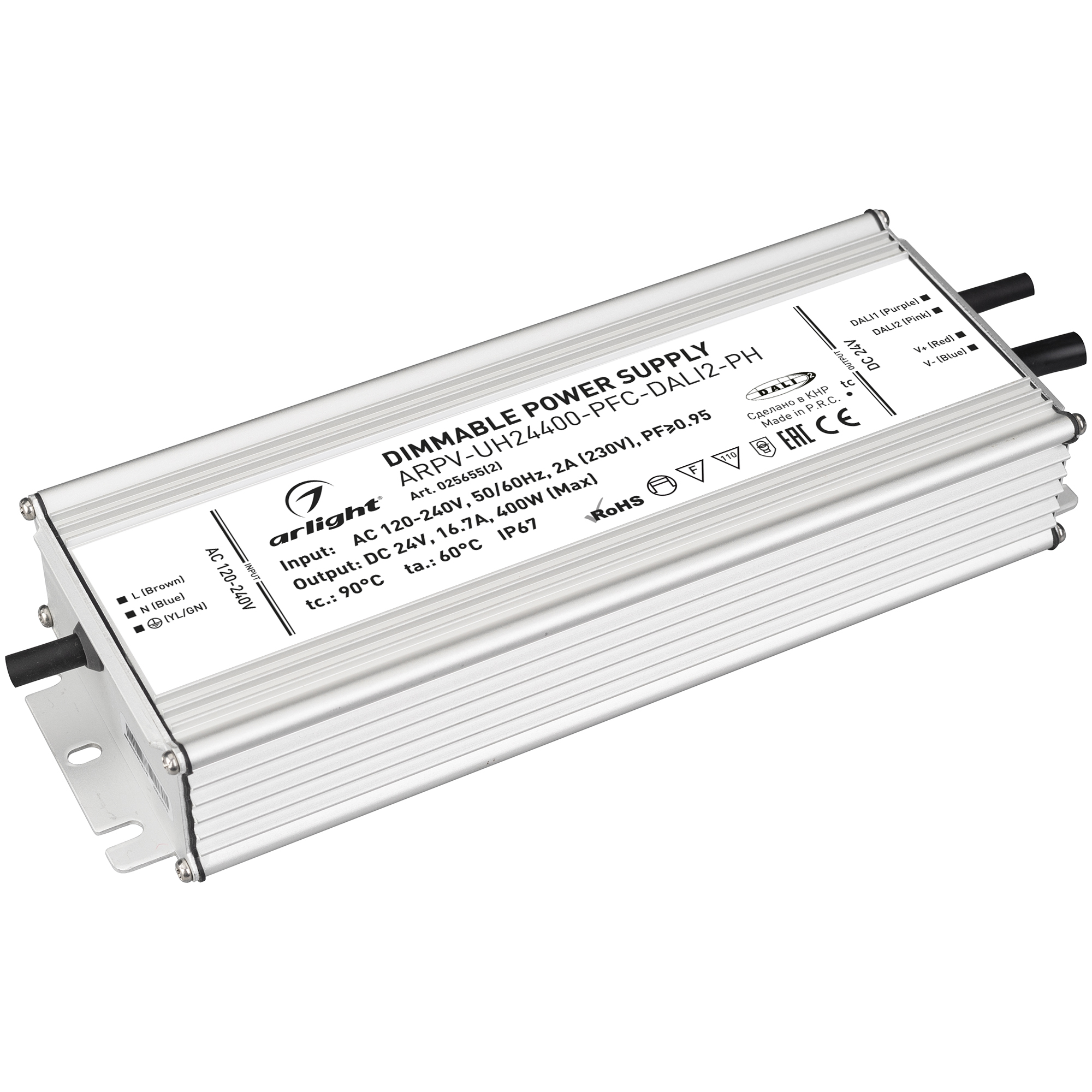 Блок питания ARPV-UH24400-PFC-DALI2-PH (24V, 16.7A, 400W) 025655(2) - Диммируемый источник напряжения по протоколу DALI2.0 с гальванической развязкой для светодиодных изделий. Входное напряжение 120-240 VAC. Выходные параметры: 24 В, 16.7 А, 400 Вт. Встро