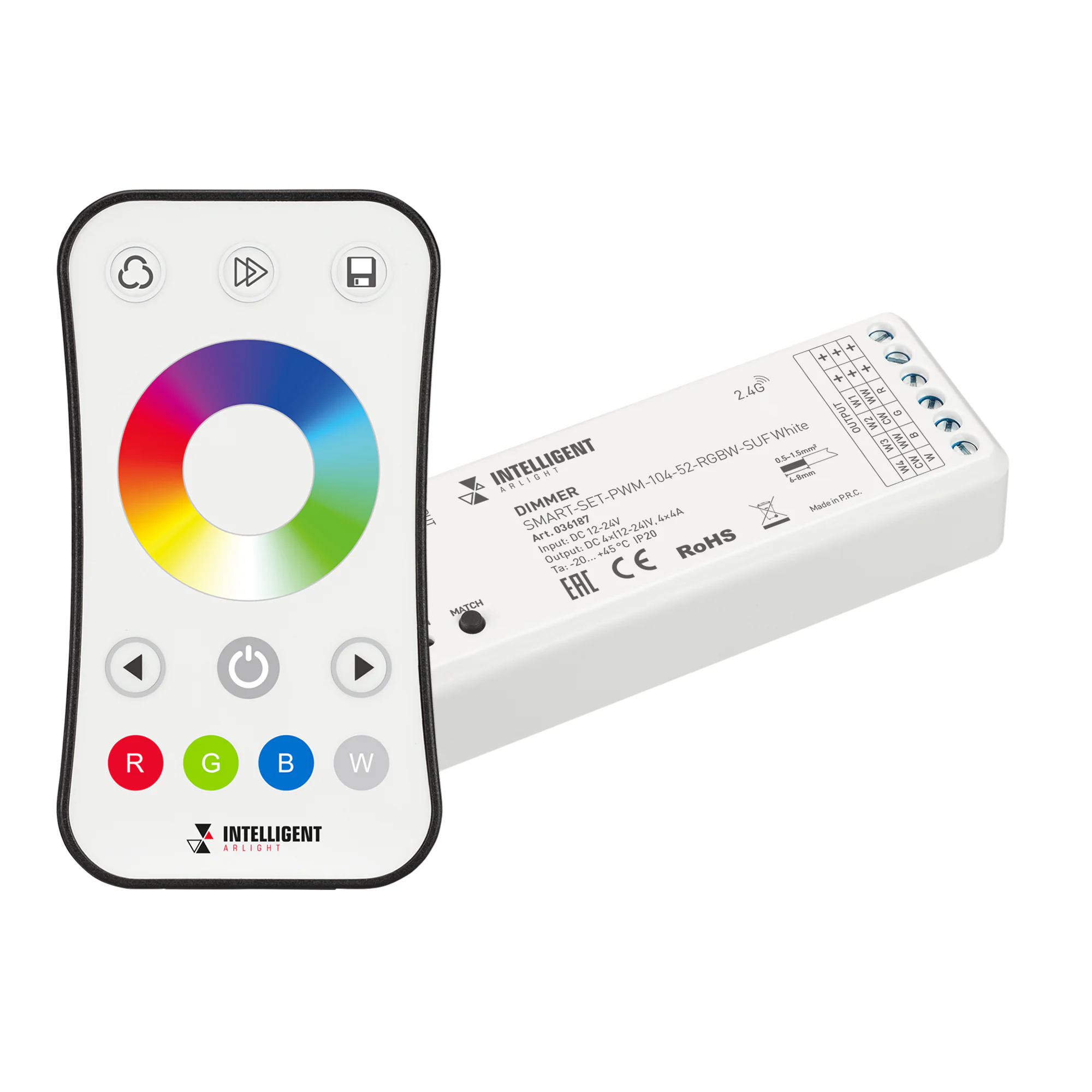 INTELLIGENT ARLIGHT Диммер SMART-SET-PWM-104-52-RGBW-SUF White (12-24V, 4x4A, ПДУ RING 10кн, 2.4G) 036187 - Комплект диммер с пультом для RGBW светодиодной ленты (ШИМ). Питание/рабочее напряжение контроллера 12-24VDC, максимальный ток 4A на канал, 4 канал