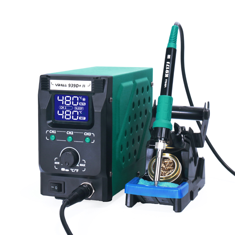 YIHUA 939D+-IV - Паяльная станция 120Вт, регулировка температуры нагрева 200°C~480°C, в комплекте латунная стружка с канифолью, губка для чистки жала