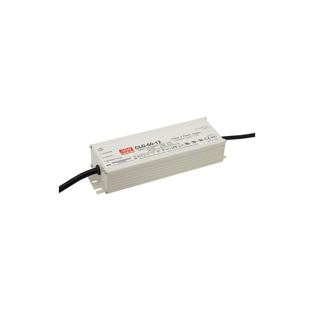 CLG-60-12 - AC-DC led, 60Вт, выход 12В/5А, рег.11.5...13В, рег. 3%...-25% ток, стаб. тока/напр., IP67, вход 90…264В AC, 47…63Гц , PFC,   изоляция 4250В AC, в кожухе 172х61,5х39мм, -30…+70°С