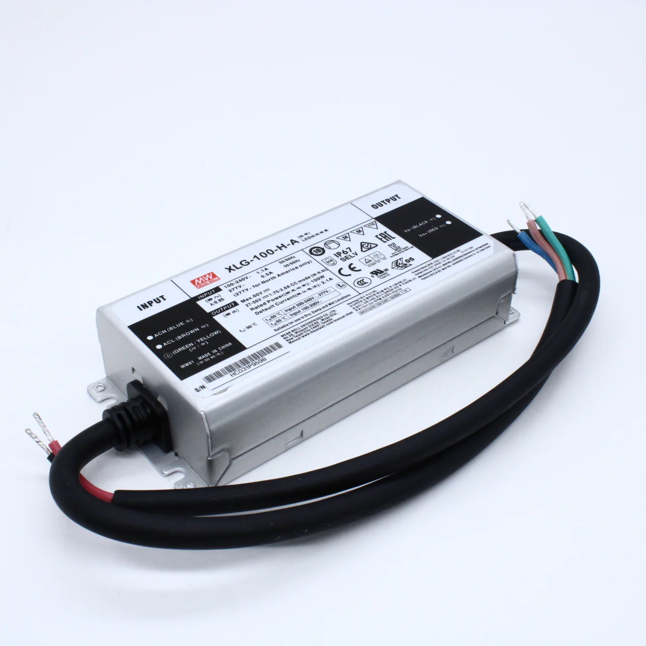 XLG-100-H-A - AC-DC, 100Вт, стабилизатор тока, IP67, вход 90…305В AC, 47…63Гц, ККМ, выход 1750…2780мА/27…56В (режим пост. мощности), изоляция 3750В AC, в кожухе 150х63х32мм, -40…+90°С (корпус), встр. потенциометр