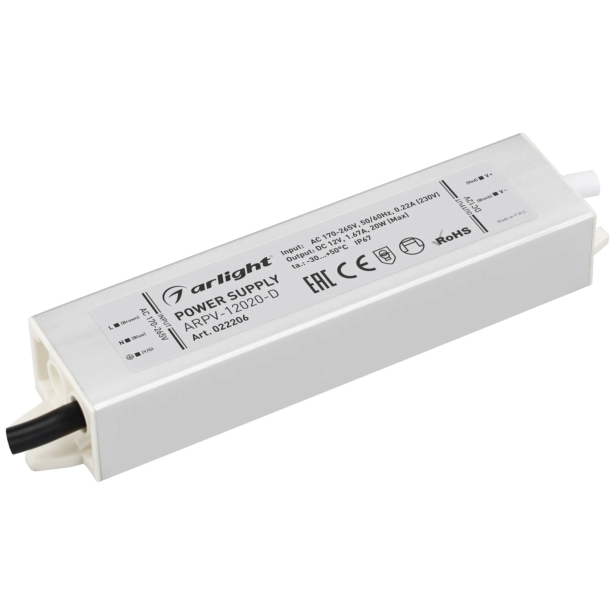 Блок питания ARPV-12020-D (12V, 1.7A, 20W) 022206 - Источник напряжения с гальванической развязкой для светодиодных изделий. Входное напряжение 170-265 VAC. Выходные параметры: 12 В, 1,67 А, 20 Вт. Встроенный PFC >0,5. Герметичный алюминиевый корпус IP 67