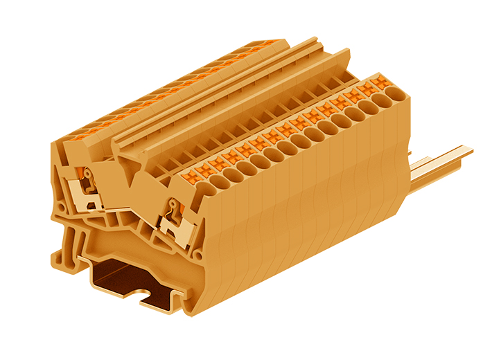 Проходная клемма TPS2.5-2-OG - Проходная клемма, угловая, тип фиксации провода: push-in, номинальное сечение: 2,5 мм кв., 24A, 800V, ширина: 5,2 мм, цвет: оранжевый, тип монтажа: DIN 35