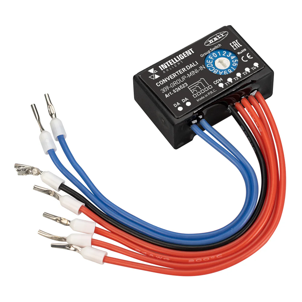 INTELLIGENT ARLIGHT Конвертер DALI-309-GROUP-MINI-IN (DALI bus) 026523 - Миниатюрный встраиваемый конвертер внешних кнопок, выключателей. Питание по шине DALI, выход - сигнал DALI, 4 группы. Ручное выставление номера первой группы. Размер 32x12x20 мм.