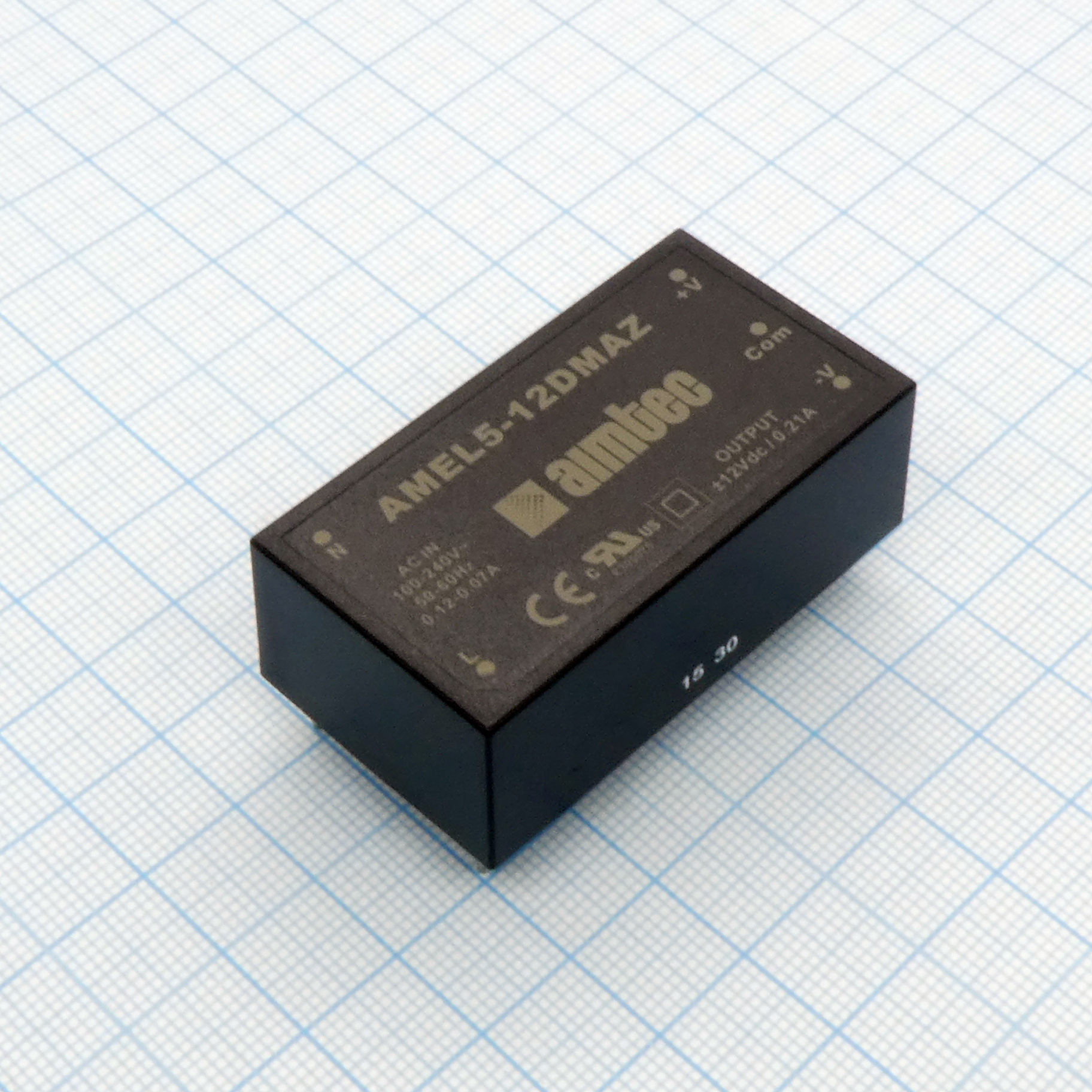 AMEL5-12DMAZ - AC-DC, 5Вт, два выхода ±12В/±0.21A, вход 90…260V AC, 47…440Гц / 120...370V DC, изоляция 4000V AC, в корпусе на плату 52х26х16мм, -25…+80°С