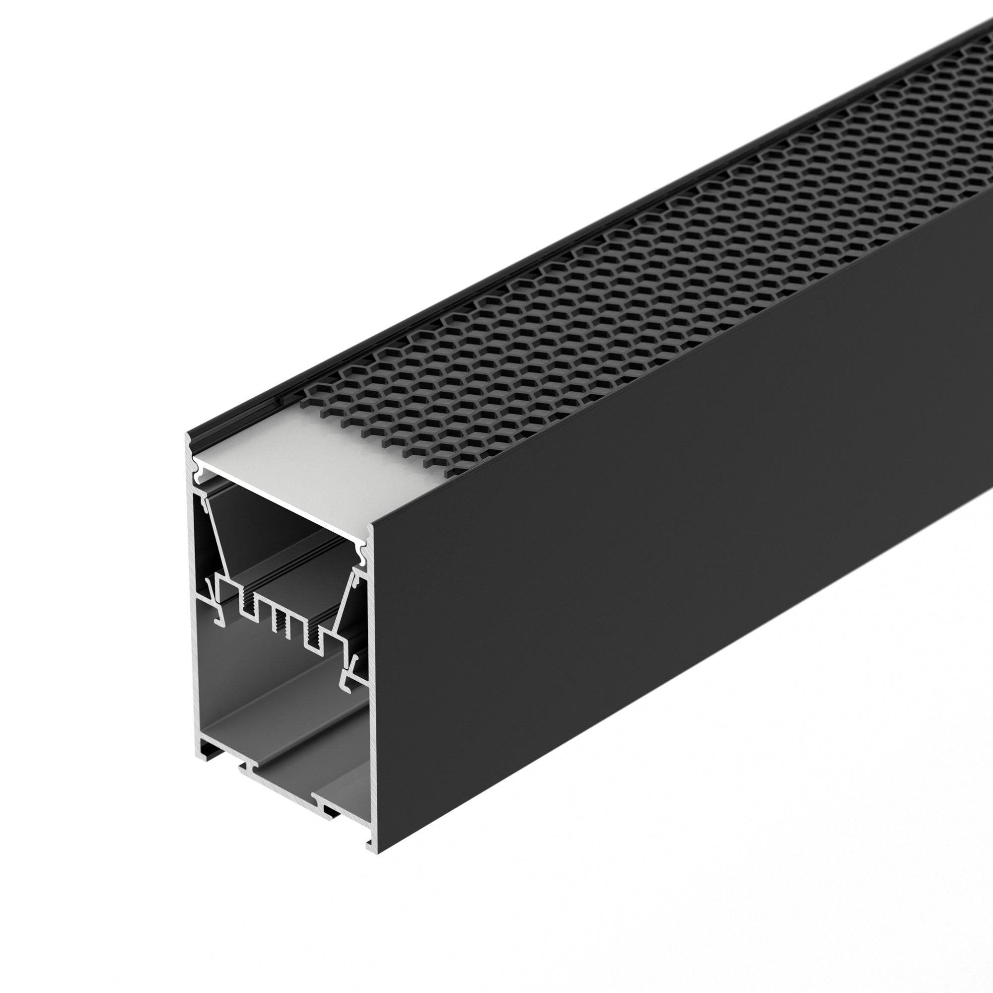 Профиль LINE-5075-HONEYCOMB-2000 BLACK 044874 - Алюминиевый накладной профиль для светодиодных лент и линеек. Цвет - черный (порошковая окраска). Габаритные размеры (L?W?H): 2000x75,7x51,2 мм. Ширина площадки для ленты 28 мм. Отсек для БП 47,8х27,8 мм. Эк