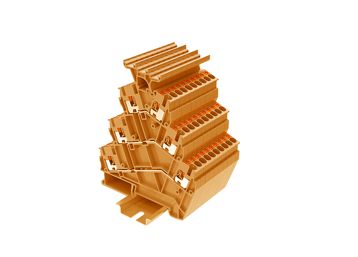 Трехуровневая клемма TPTS2.5-2T-OG - Трехуровневая клемма, угловая, с держателем маркировки, тип фиксации провода: push-in, номинальное сечение: 2,5 мм кв., 20A, 500V, ширина: 5,2 мм, цвет: оранжевый, тип монтажа: DIN 35