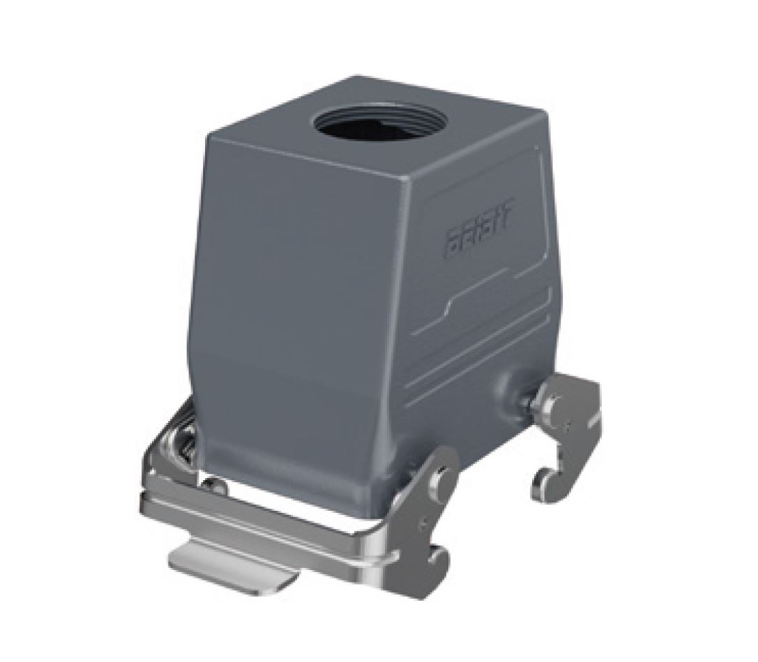 Крышка разъема H32A-TO-2L-PG21 - Крышка разъема на кабель, типоразмер 32A, стандартное исполнение, без уплотнителя, 1 отверстие с резьбой для кабельных вводов PG21, с верхним расположением, с двумя защелками, материал корпуса: алюминиевый сплав