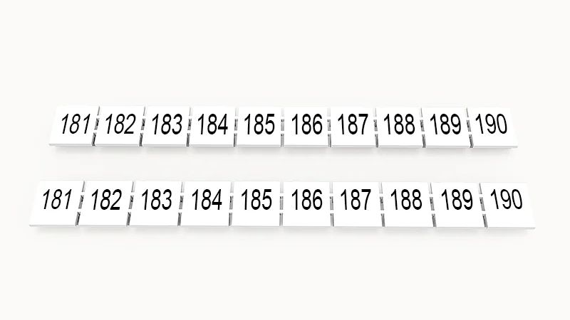Марк.  полоска ZB10-10P-19-291Z(H) - Маркировочные шильдики для клемм WS…, DC…, PC…, сечением 10 мм кв., центральная, 10 шильдиков нанесенные символы: 181-190, с вертикальным расположением, размер шильдика: 9,3х10,7 мм, цвет белый