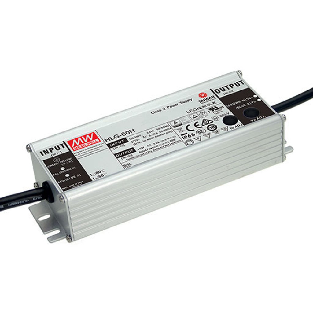 HLG-60H-36A - AC-DC, 60Вт, IP65, вход 90…305В AC, 47…63Гц/127…431В DC, ККМ, выход 36В/1.7А, рег. выхода 33…40В/1…1.7A, изоляция 3750В AC, в кожухе 171х61.5х36.8, -40…+70°С