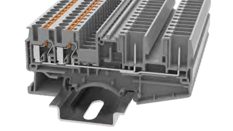 Клемма для разъемов DS2.5-QU/2P-01P-11 - Клемма для подключения внешнего разъема, 2 точки подключения, тип фиксации провода: Push-in, номинальное сечение: 2.5 мм кв., 24A, 500V, ширина: 5,2 мм, цвет: серый, втычная перемычка, тип монтажа: DIN35