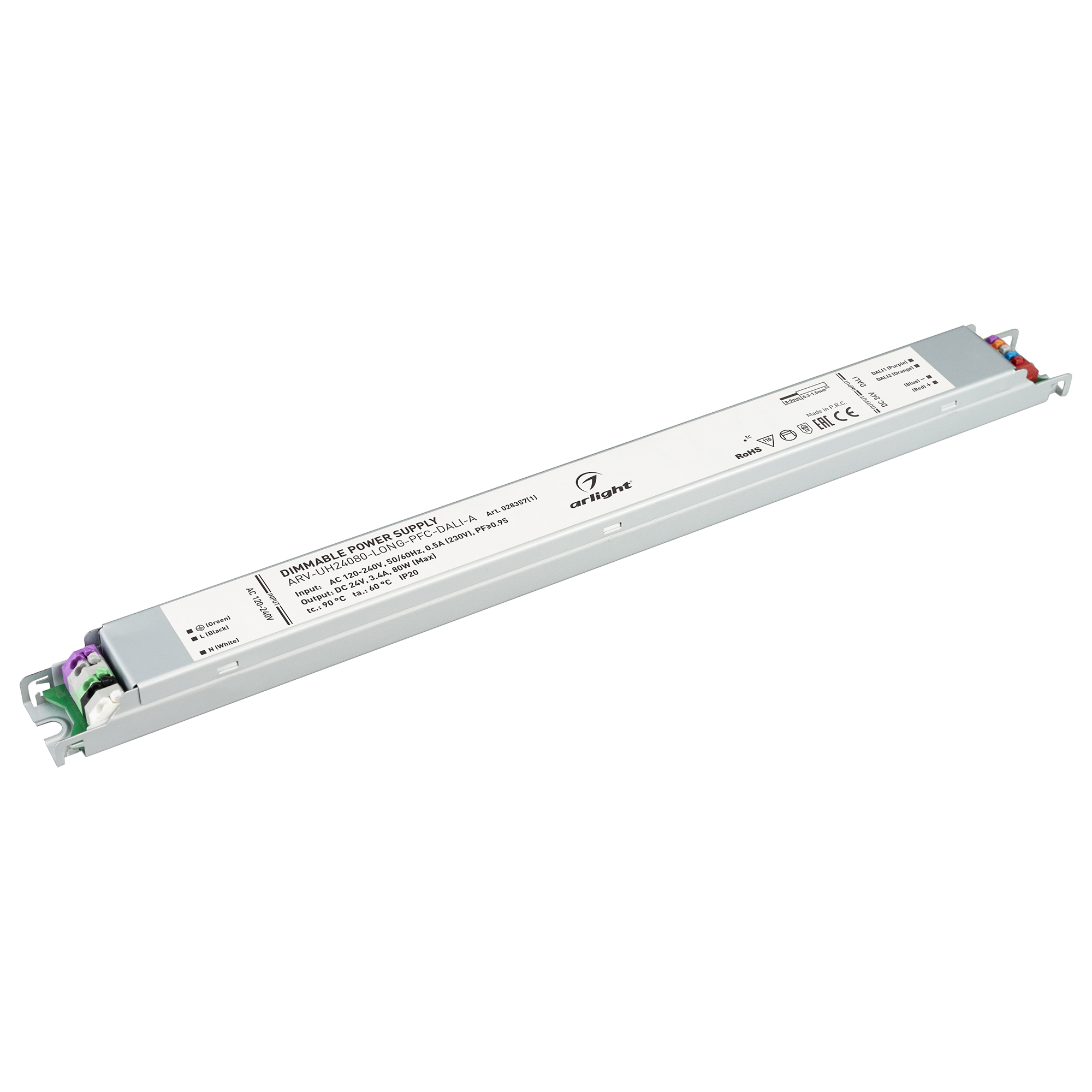 Блок питания ARV-UH24080-LONG-PFC-DALI-A (24V, 3.4A, 80W) 028357(1) - Диммируемый источник напряжения по протоколу DALI с гальванической развязкой для светодиодных изделий. Входное напряжение 120-240 VAC. Выходные параметры: 24 В, 3.4 А, 80 Вт. Встроенный