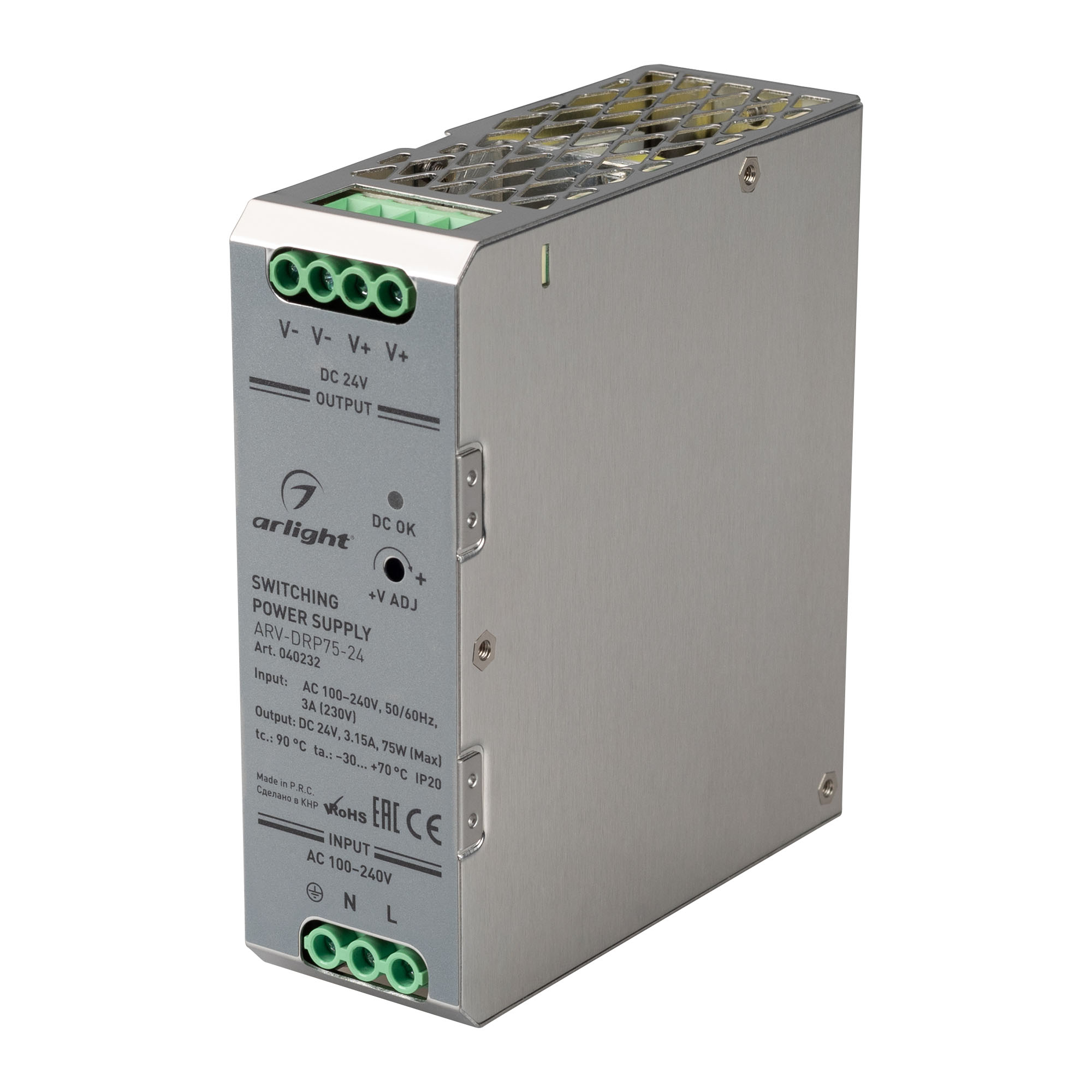 Блок питания ARV-DRP75-24 (24V, 3.15A, 75W) 040232 - Источник напряжения с гальванической развязкой для светодиодных изделий. Входное напряжение 90-264 VAC. Выходные параметры: 24 В, 3.15 А, 75 Вт. Негерметичный металлический корпус IP 20 для установки на