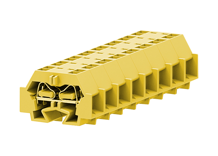 Клемма мини 242355 - Мини клемма, боковой подвод кабеля, 4 точки подключения в клемме, тип фиксации провода: пружинный, номинальное сечение: 4 мм кв., 24A, 630V, цвет: желтый, тип монтажа: DIN15