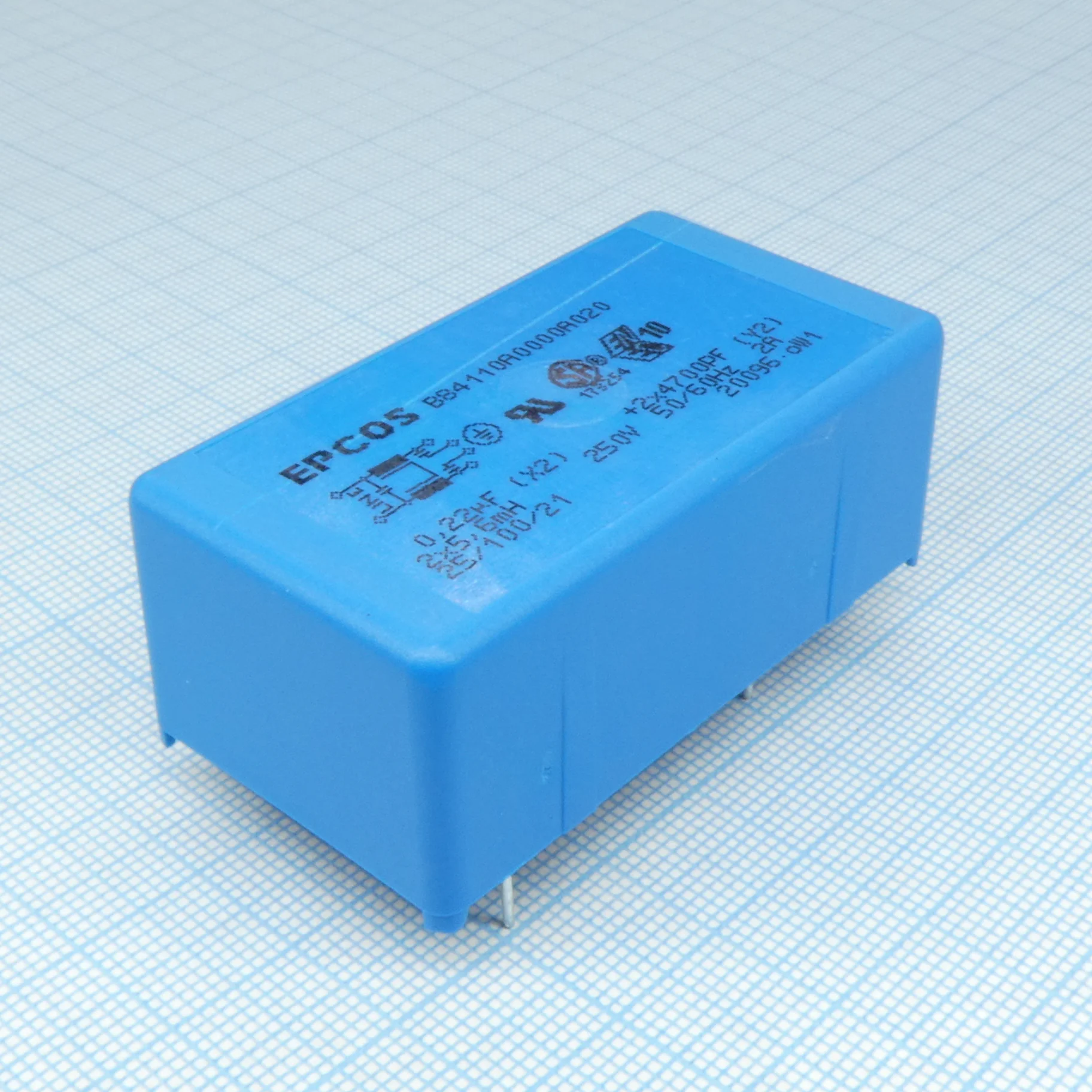 B84110A0000A020 - Сетевой фильтр 2x2A/250V, 2х5.6 мГн, 0.22 мкФ (X2), 2х4700 пФ (Y2), 56х30x23 мм, монтаж в плату