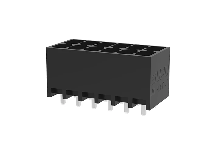 Вилочный разъем на плату MC-DPT3.5V06-BK-2000 - Вилочный разъем, вертикальный, 2 этажа, на плату, шаг: 3.5 мм, 6x2 полюсов, фиксация на плате пайкой, исполнение: стандартное, 160V, 8A, цвет: черный